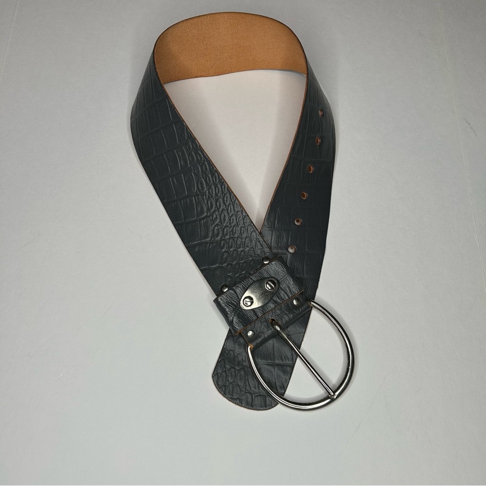 Vintage '84 Paris Statement Wide Belt Croute de Cuir Leather with Silver Buckle - Picture 15 of 17